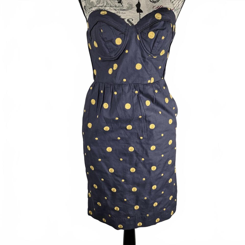 Floreat by Anthropologie Embroidered Polka Dot Blue Gold Strapless Dress Size 0